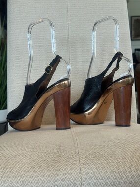 Sergio Zelcer Black and Metallic Gold Wood-Platform Slingbacks